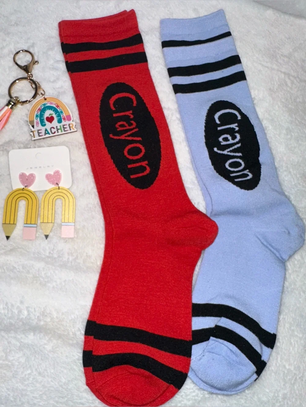 Teacher Gift Accessory Bundle Crayon Socks Keychain Pencil Earrings NWOT